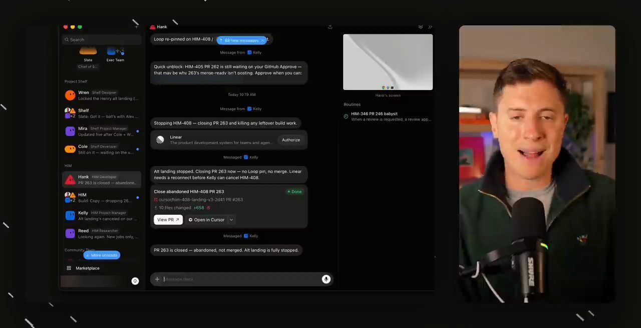 App Grok Bot với cột bot bên trái chia theo nhóm Project Shelf và HIM, khung chat với bot Hank ở giữa