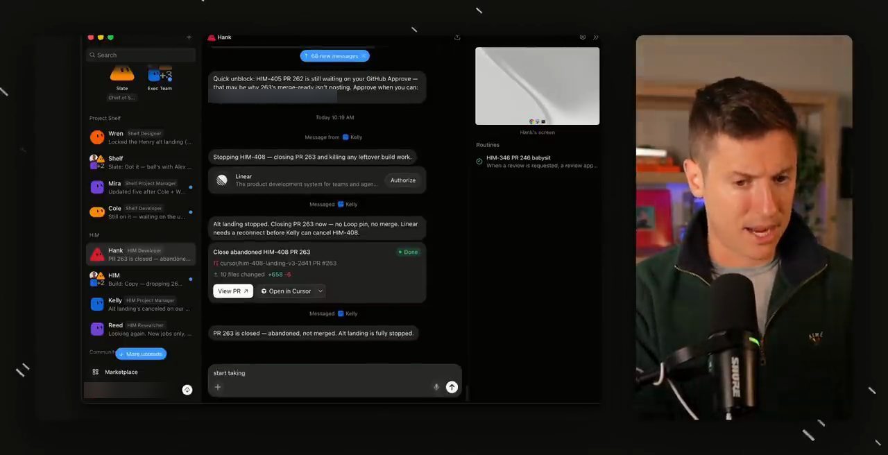 Chat với bot Hank trong Grok Bot: tin nhắn từ Kelly, thẻ kết nối Linear và thẻ PR 263 với nút View PR và Open in Cursor