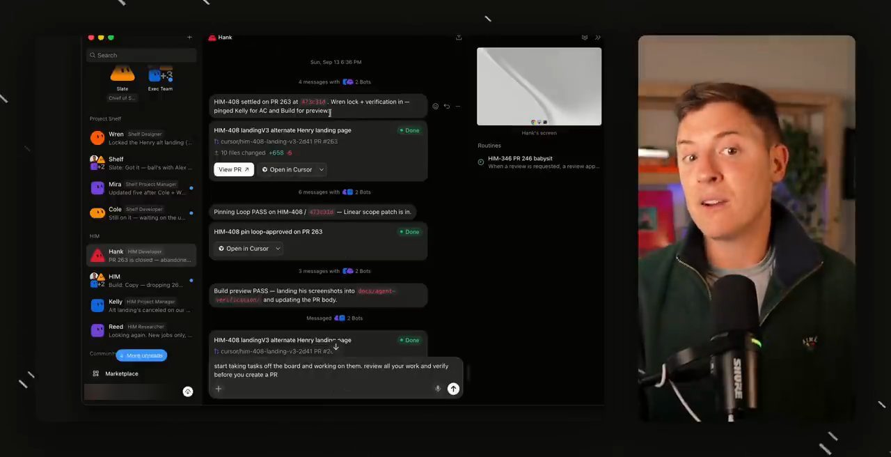 Chuỗi tin nhắn giữa hai bot về task HIM-408: settle PR, chạy loop kiểm tra, build preview PASS