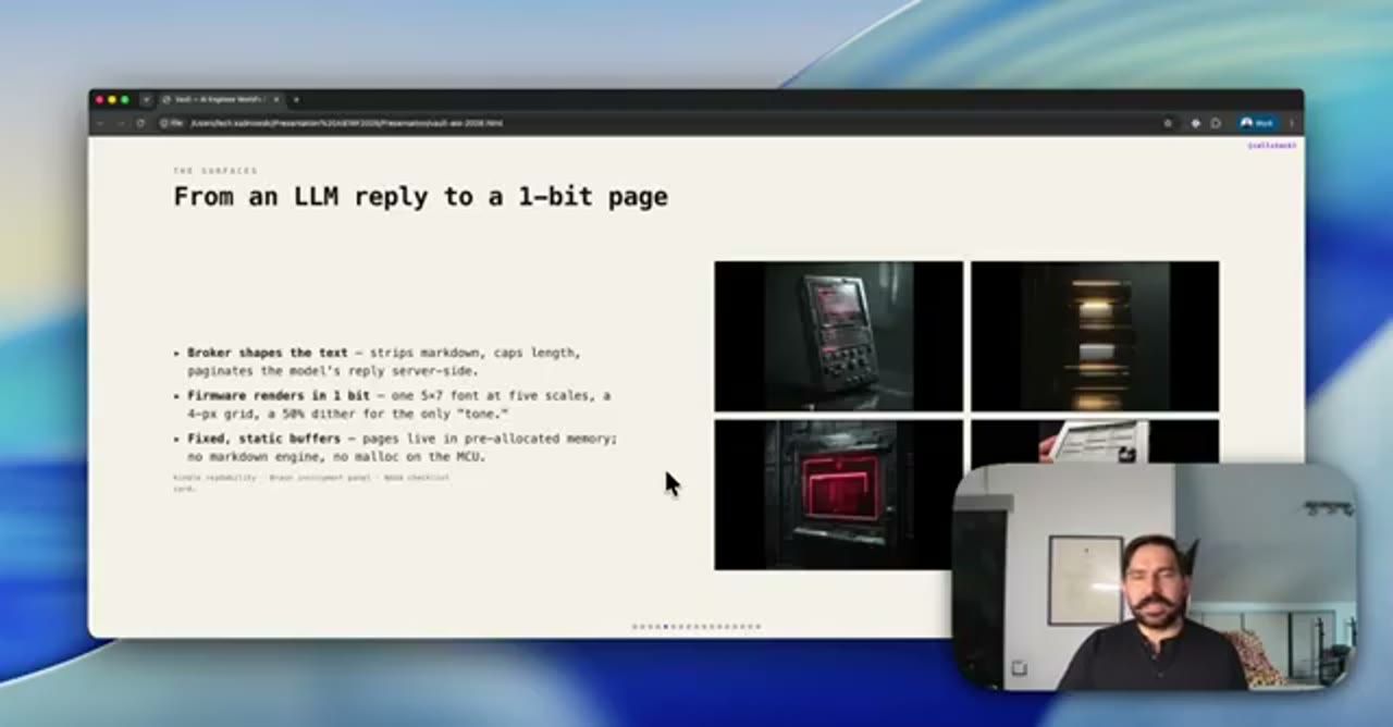Slide From an LLM reply to a 1-bit page với ba gạch đầu dòng và ảnh concept thiết bị