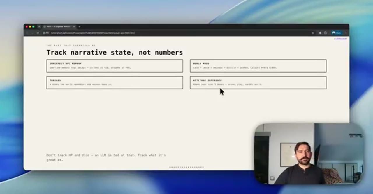 Slide The part that surprised me: Track narrative state, not numbers, với bốn ô