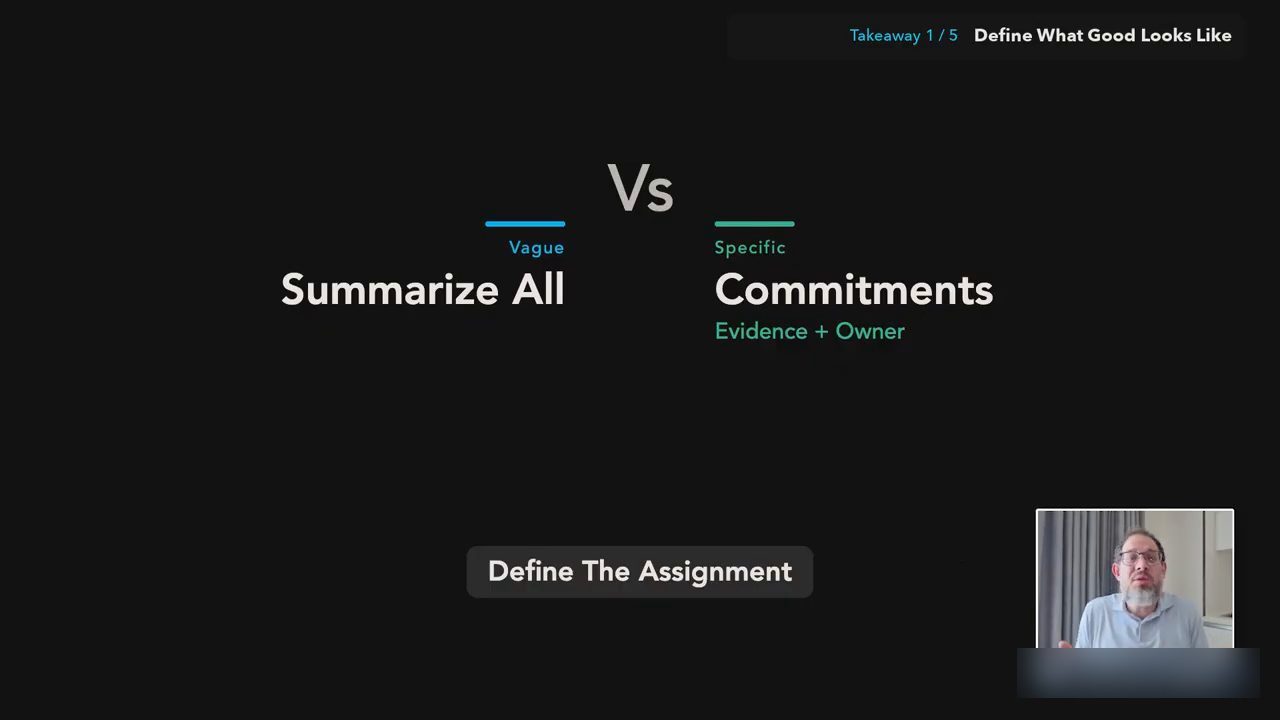 Slide Define The Assignment: Summarize All (Vague) Vs Commitments, Evidence + Owner (Specific)