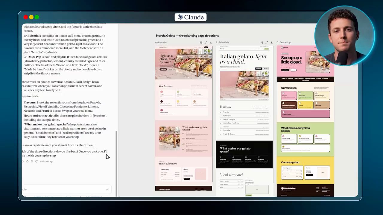 Canvas với ba landing page A Pastello, B Editoriale, C Dolce Pop đặt cạnh nhau