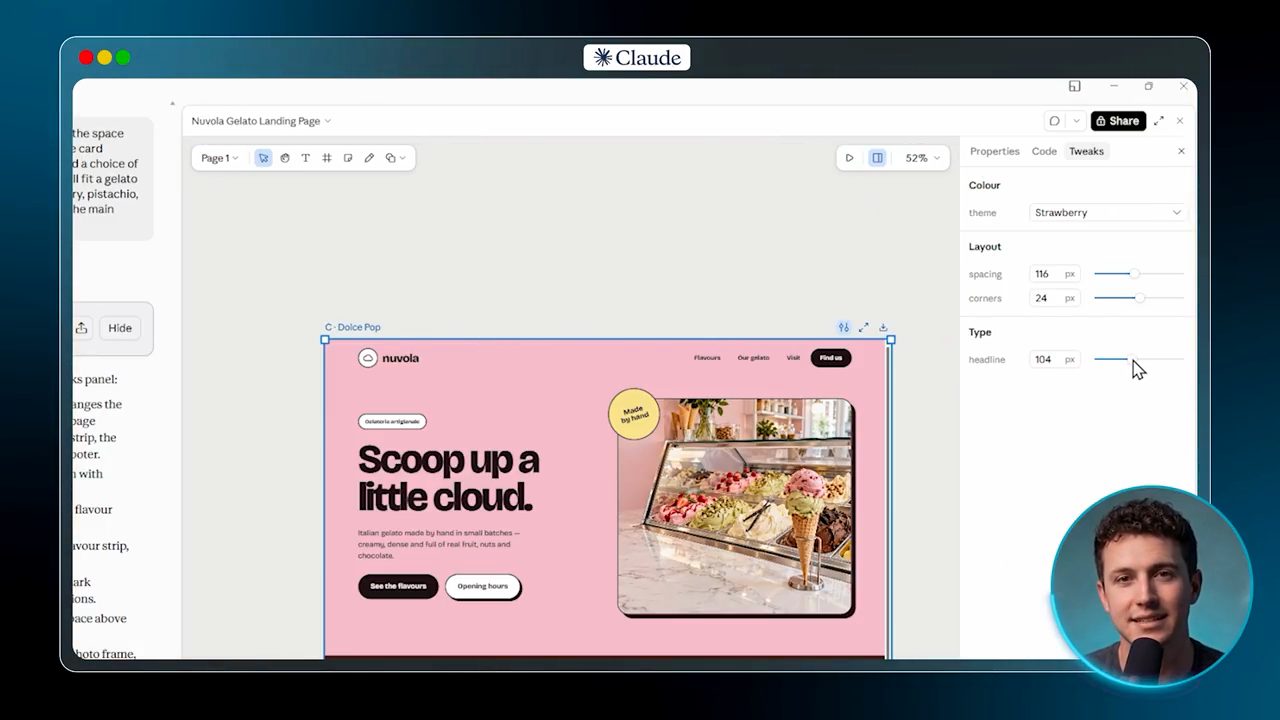 Panel Tweaks bên phải với theme Strawberry, spacing 116, corners 24, headline 104