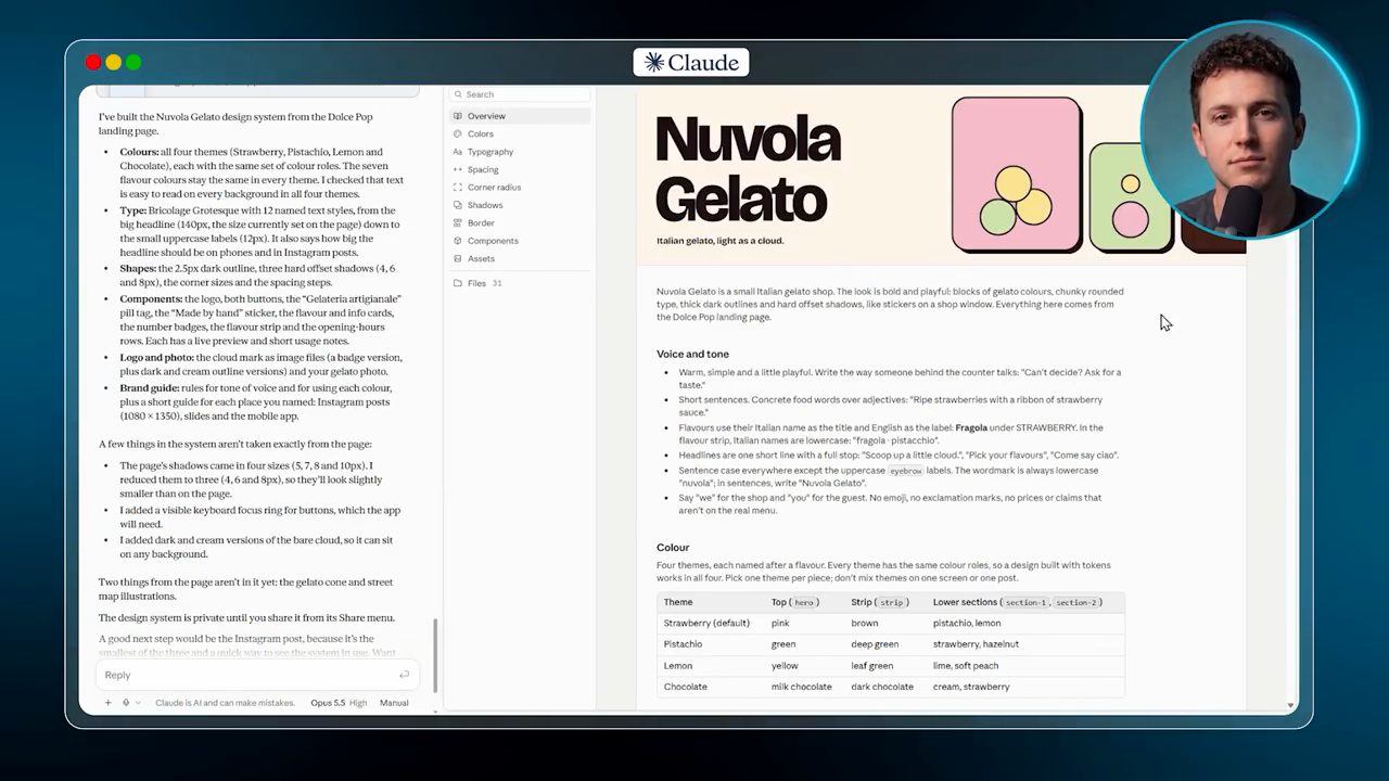 Design system Nuvola Gelato: trang Overview với Voice and tone và bảng Colour