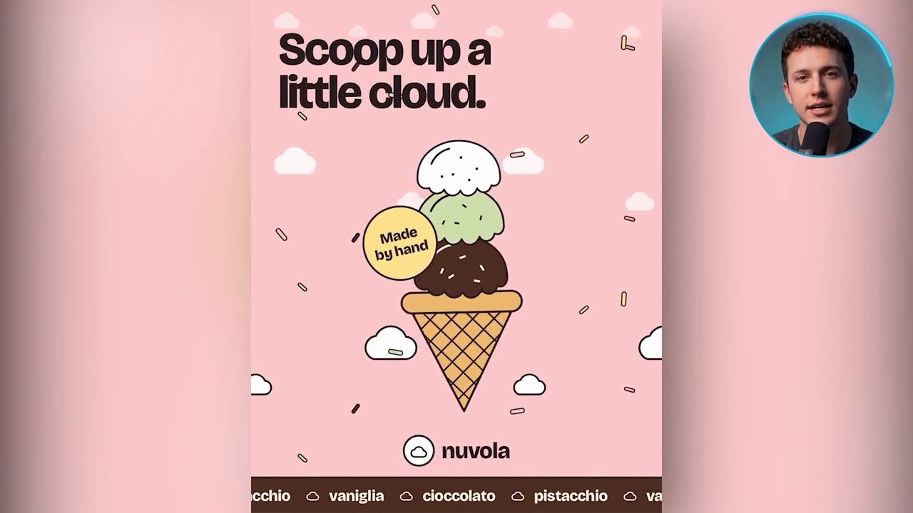 Bài Instagram động: cone ba viên kem, sticker Made by hand, mây và cốm rắc trên nền hồng
