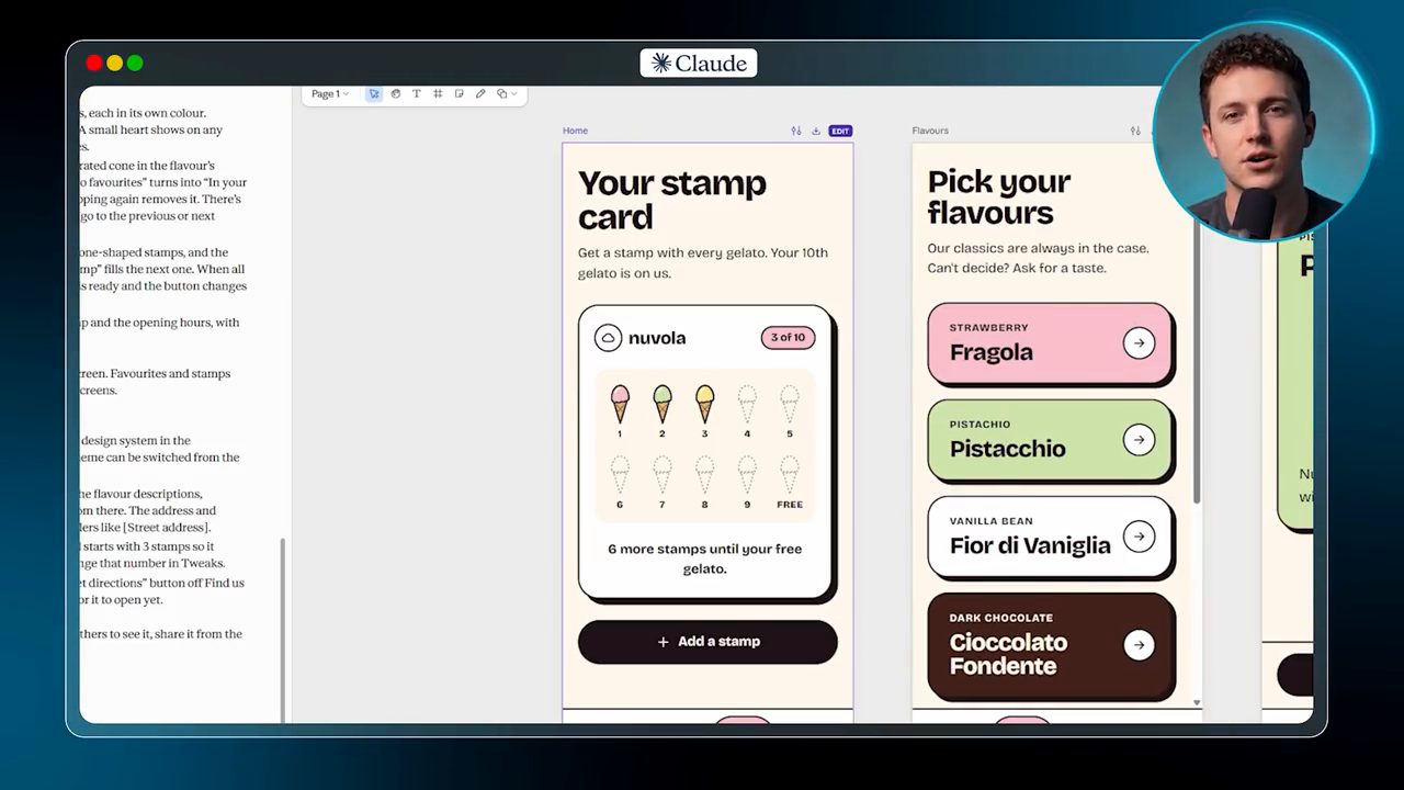 Màn hình Your stamp card với 3 of 10 tem hình cone và nút Add a stamp, cạnh màn Pick your flavours