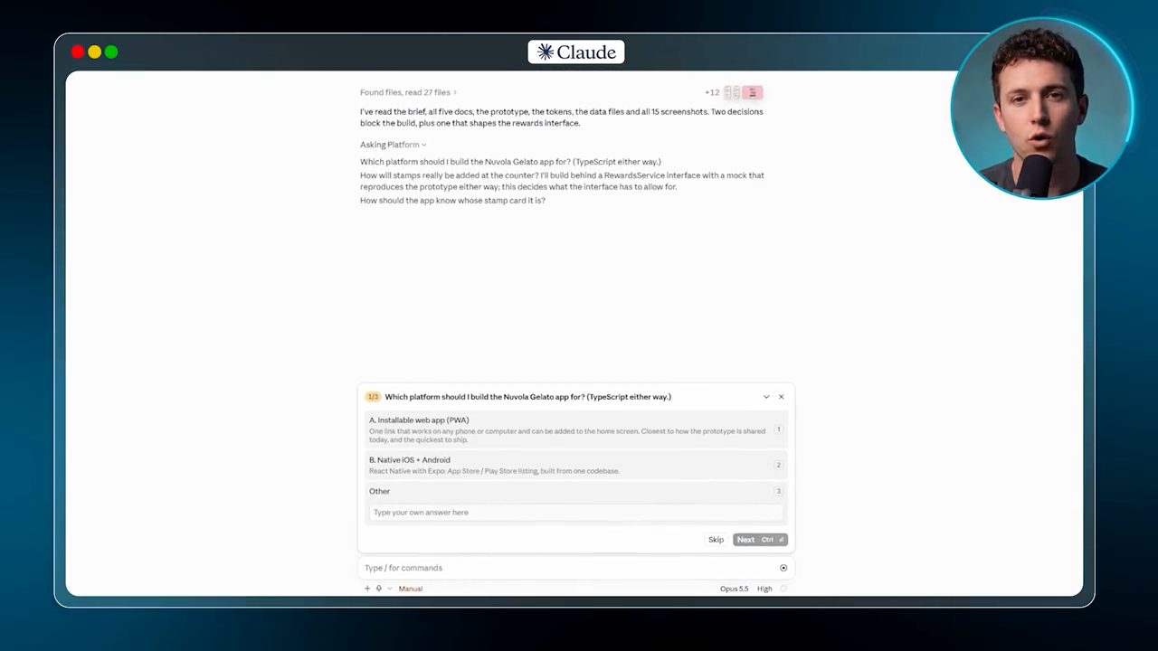 Claude Code hỏi câu 1/3 về nền tảng: Installable web app (PWA) hoặc Native iOS + Android