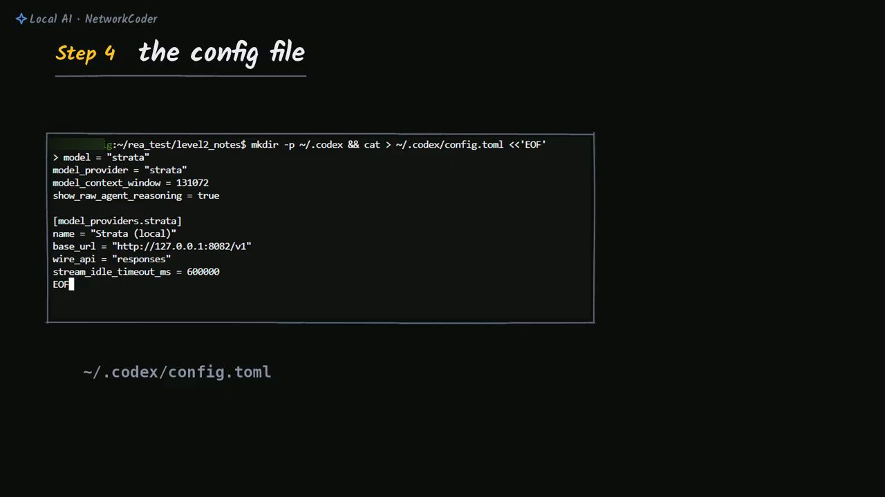 Terminal Step 4 the config file: lệnh tạo ~/.codex/config.toml với model, model_provider, base_url, wire_api và stream_idle_timeout_ms