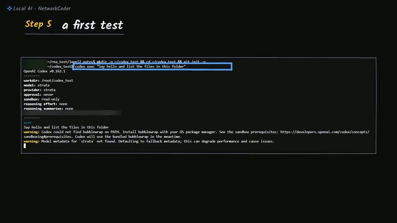 Terminal Step 5 a first test: header OpenAI Codex v0.162.1 với model strata, provider strata, và hai dòng warning về bubblewrap và model metadata