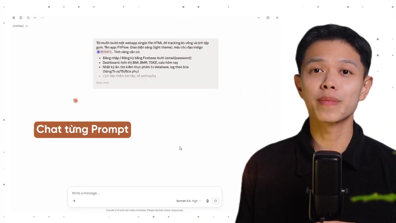 Một cuộc chat Claude với prompt dài mô tả web app FitFlow, nhãn Chat từng Prompt