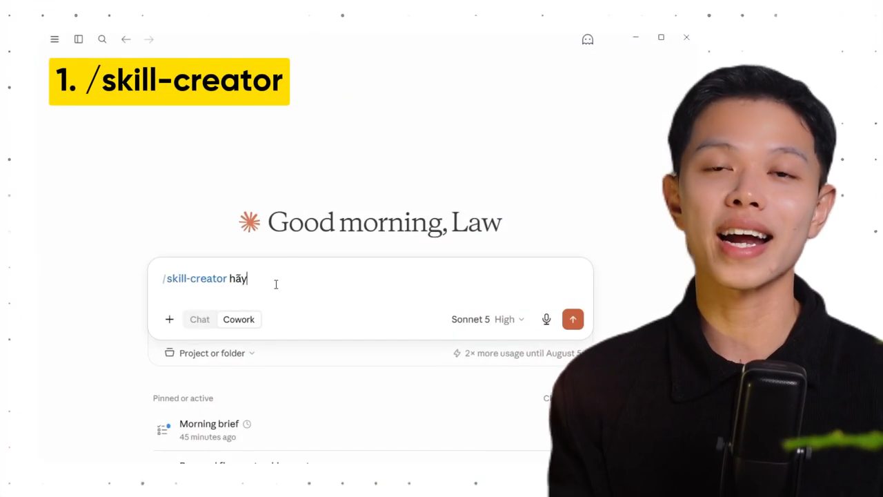 Ô nhập của Claude với lệnh /skill-creator đang được gõ, nhãn 1. /skill-creator