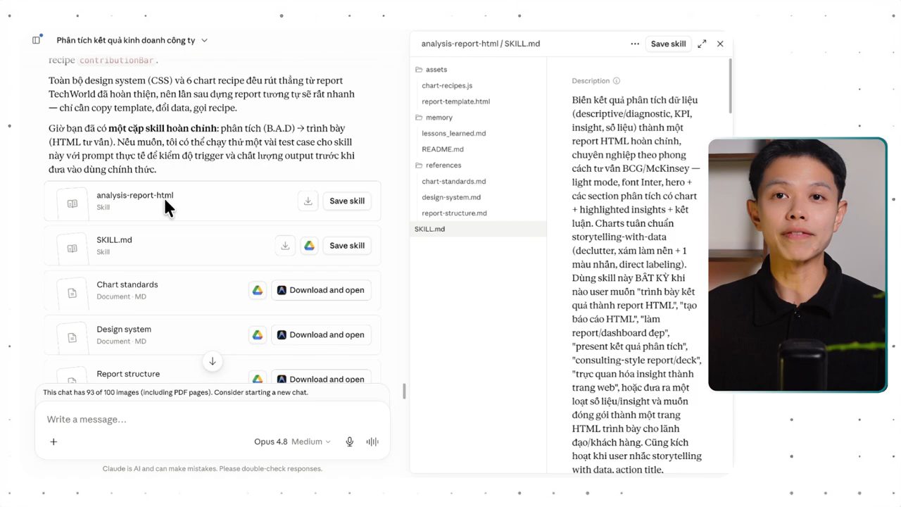 Claude trả về skill analysis-report-html với nút Save skill và cây thư mục assets, memory, references