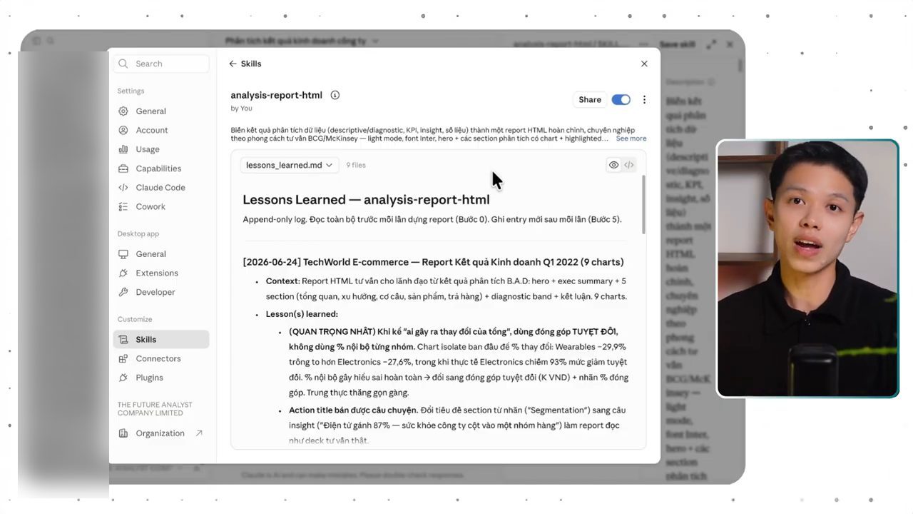 File lessons_learned.md của skill analysis-report-html, mục bài học về report TechWorld