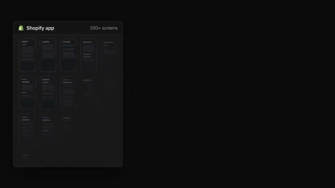 Thẻ Shopify app với dòng 300+ screens và lưới các màn hình mờ