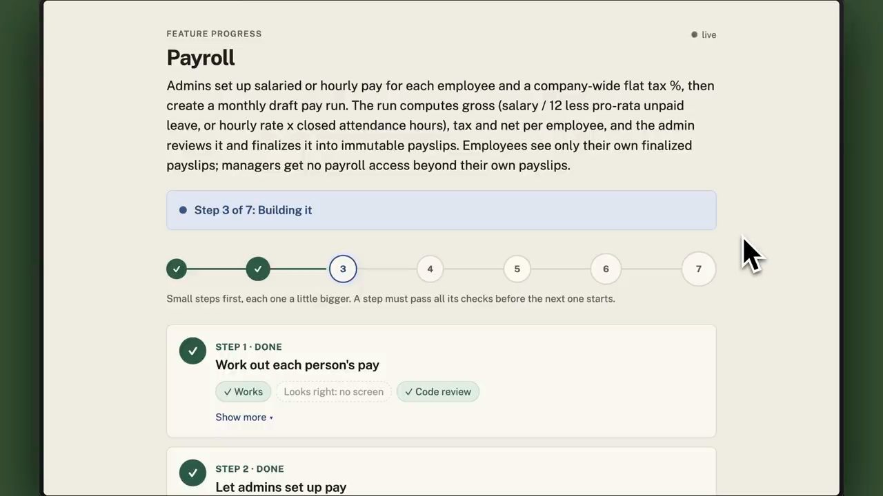 Trang viewer Feature progress cho feature Payroll, Step 3 of 7 đang build