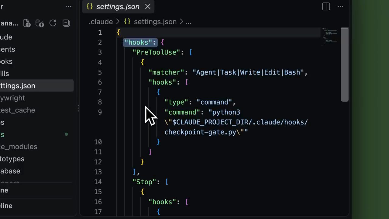 File .claude/settings.json khai báo hook PreToolUse gọi checkpoint-gate.py và phần Stop