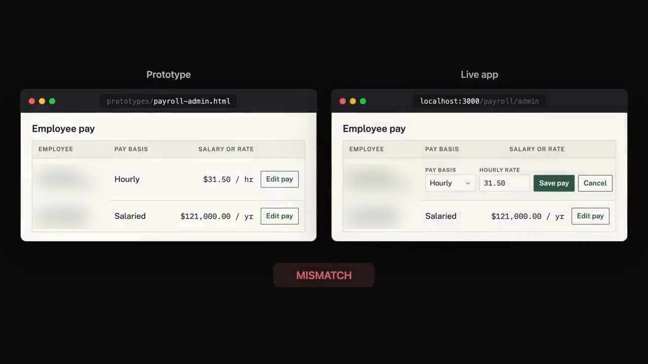 So sánh Prototype và Live app của trang Employee pay, nhãn MISMATCH