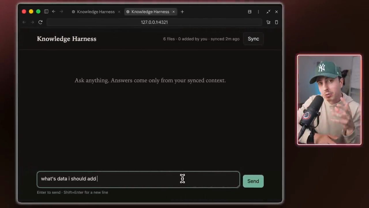 Trang Knowledge Harness chạy ở 127.0.0.1:4321 với nút Sync và ô nhập câu hỏi
