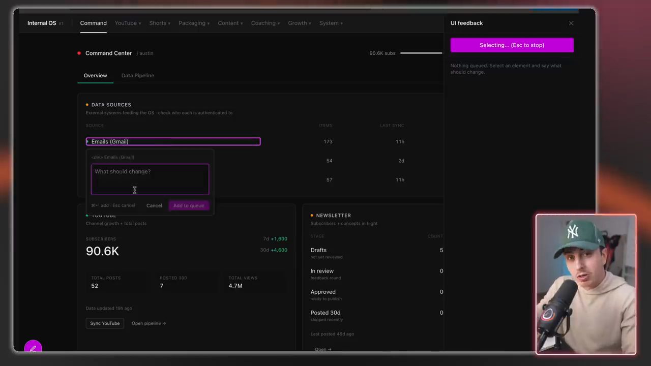 Dashboard Internal OS với bảng Data Sources, ô What should change và khung UI feedback