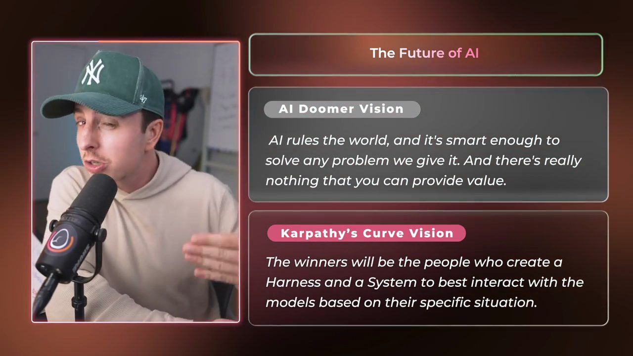 Slide The Future of AI so sánh AI Doomer Vision và Karpathy's Curve Vision