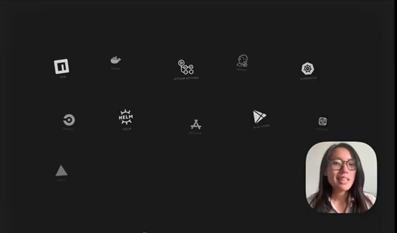 Slide các logo hạ tầng distribution, trong đó có npm, GitHub Actions, Helm, Play Store