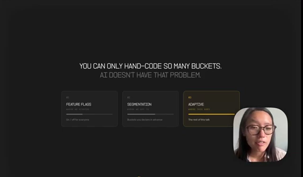 Slide: You can only hand-code so many buckets. AI doesn't have that problem. Ba thẻ Feature flags, Segmentation, Adaptive