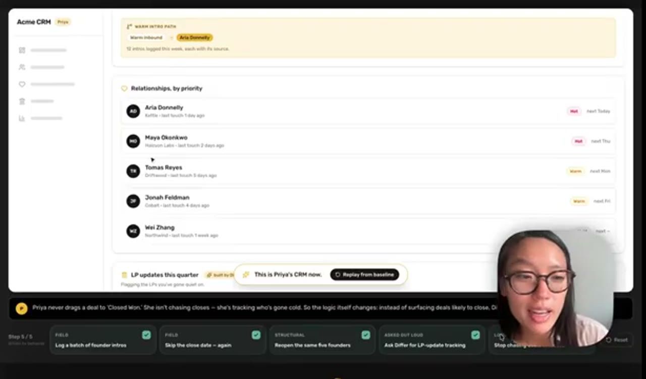 Bước cuối của demo: 'This is Priya's CRM now', danh sách Relationships by priority thay cho deals sắp close