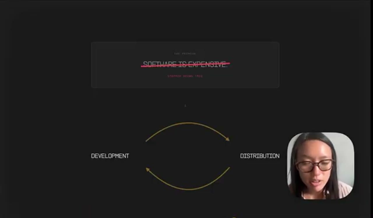 Slide: 'Software is expensive' bị gạch, bên dưới là vòng lặp giữa Development và Distribution