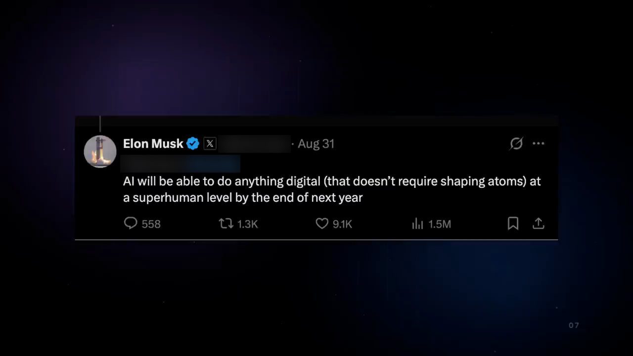 Tweet của Elon Musk: AI will be able to do anything digital at a superhuman level by the end of next year