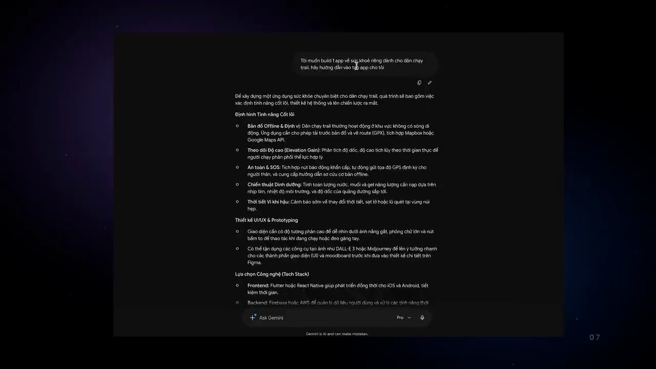 Gemini trả lời yêu cầu build app sức khoẻ cho dân chạy trail với danh sách tính năng và tech stack
