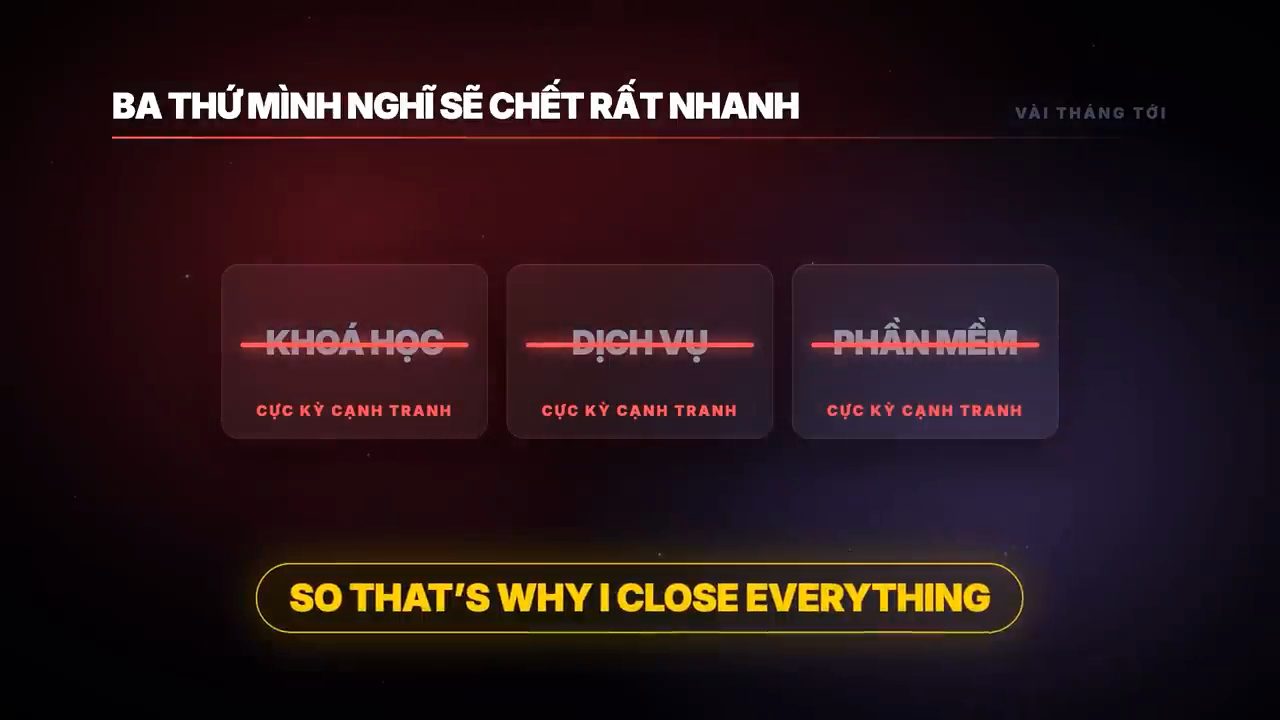 Slide: ba thứ mình nghĩ sẽ chết rất nhanh, khoá học, dịch vụ, phần mềm bị gạch, So that's why I close everything