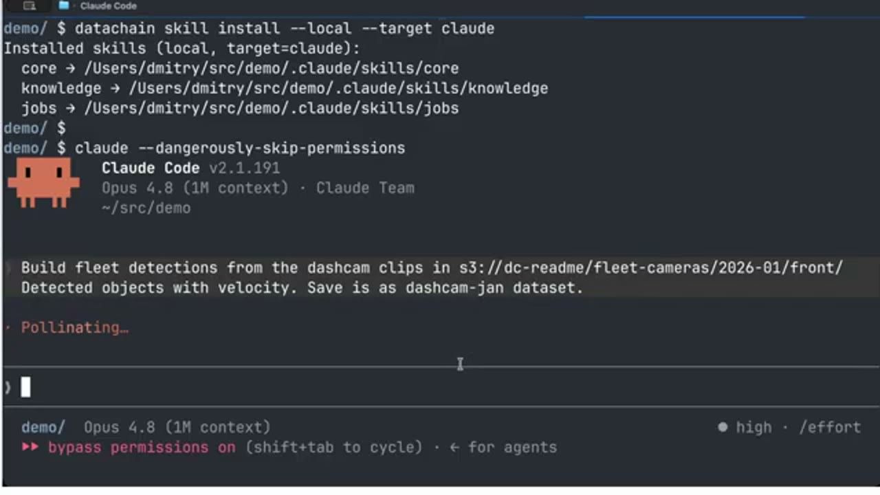 Terminal: datachain skill install và claude --dangerously-skip-permissions