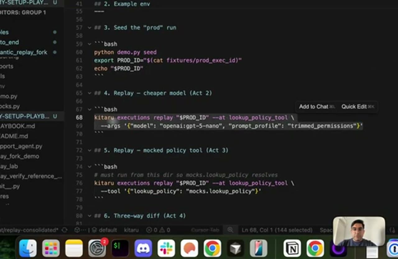 Playbook trong editor với các lệnh kitaru executions replay