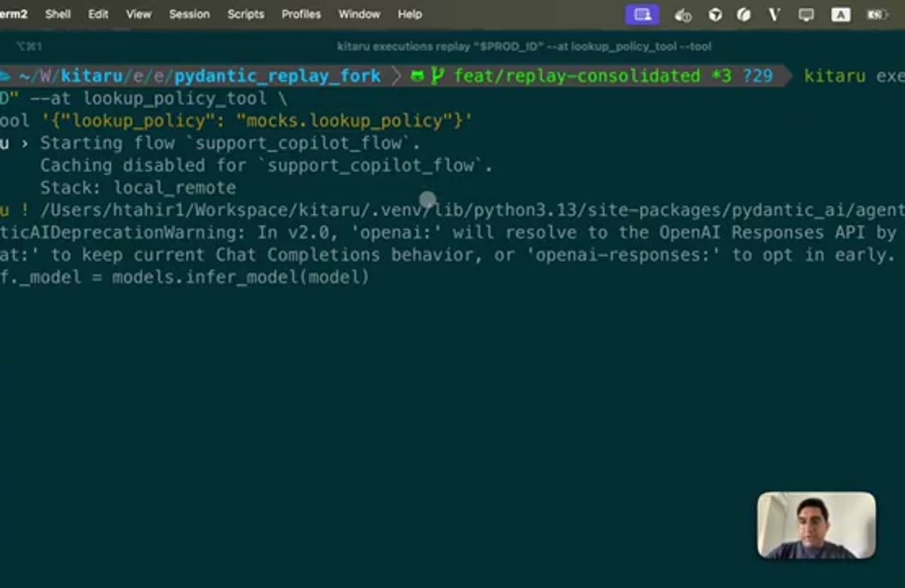Terminal chạy lệnh replay với tool lookup_policy được mock