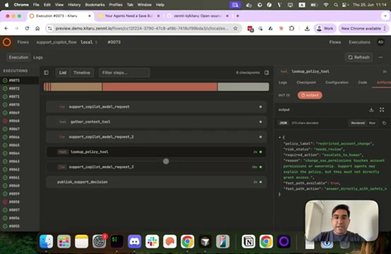 Execution #0073 với artifact mới của lookup_policy_tool