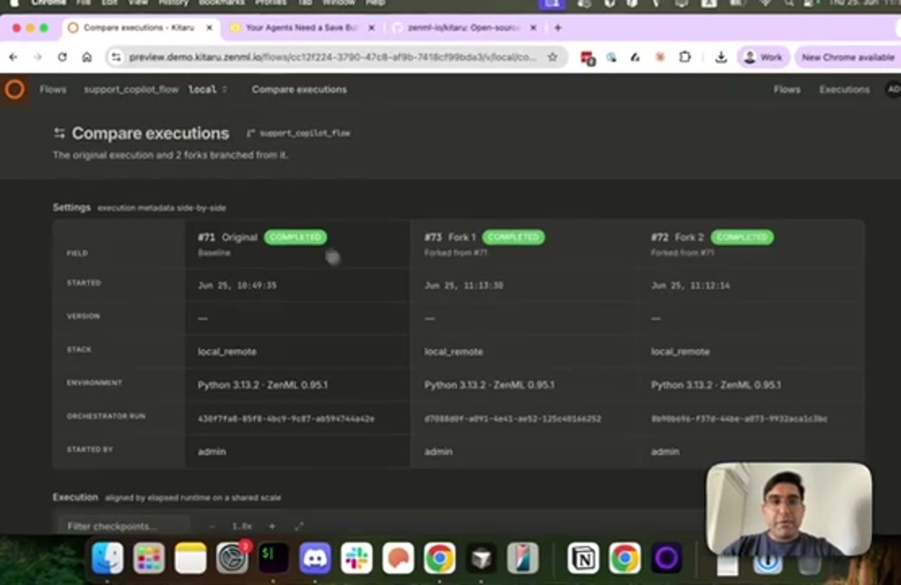 Trang Compare executions trong Kitaru với run gốc #71 và hai fork #73, #72