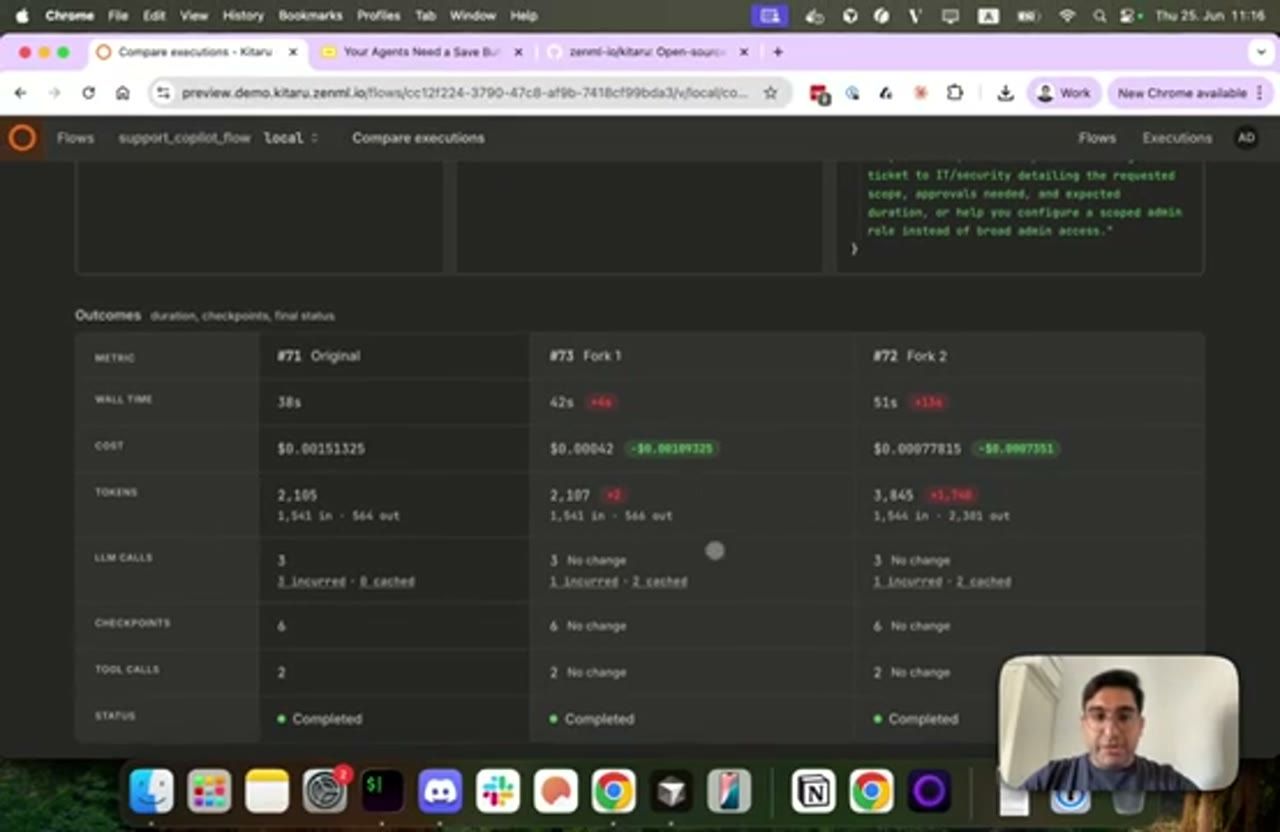 Bảng Outcomes so sánh wall time, cost, token, LLM call giữa ba execution