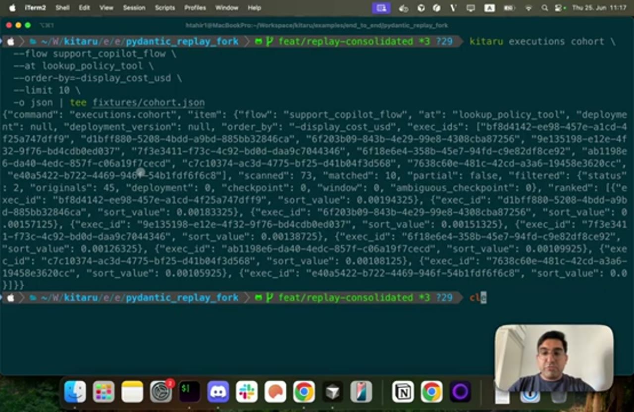 Terminal in ra JSON của lệnh kitaru executions cohort