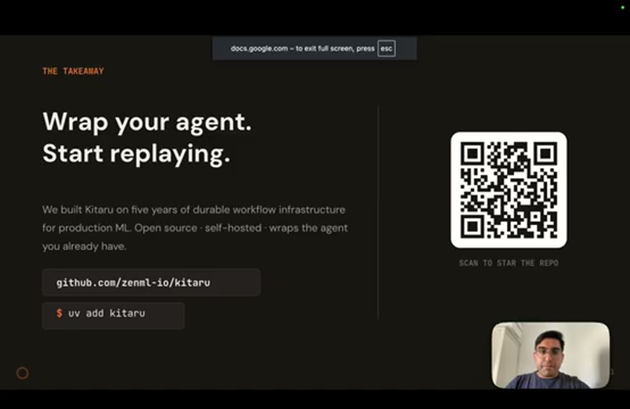 Slide The takeaway: Wrap your agent. Start replaying, với QR code tới repo Kitaru