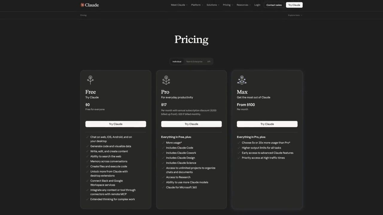 Trang Pricing của Claude với ba cột Free, Pro, Max