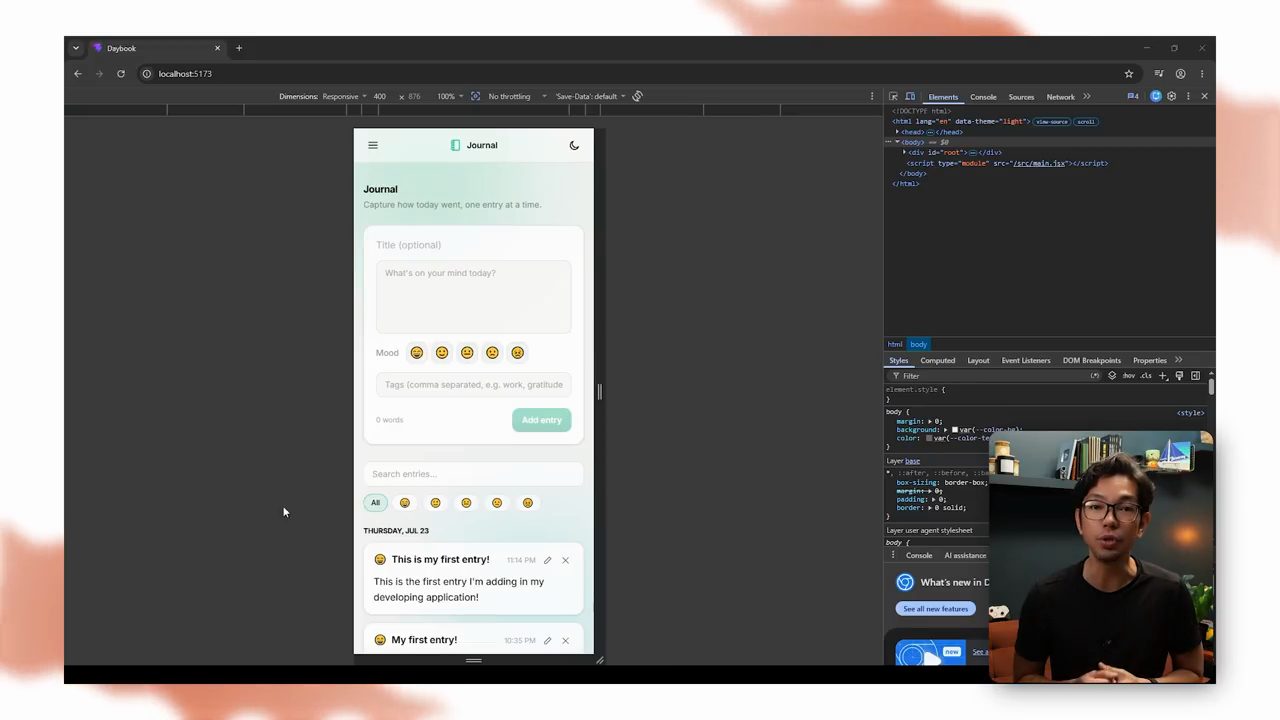 App Daybook ở chế độ responsive kích thước điện thoại trong DevTools của Chrome