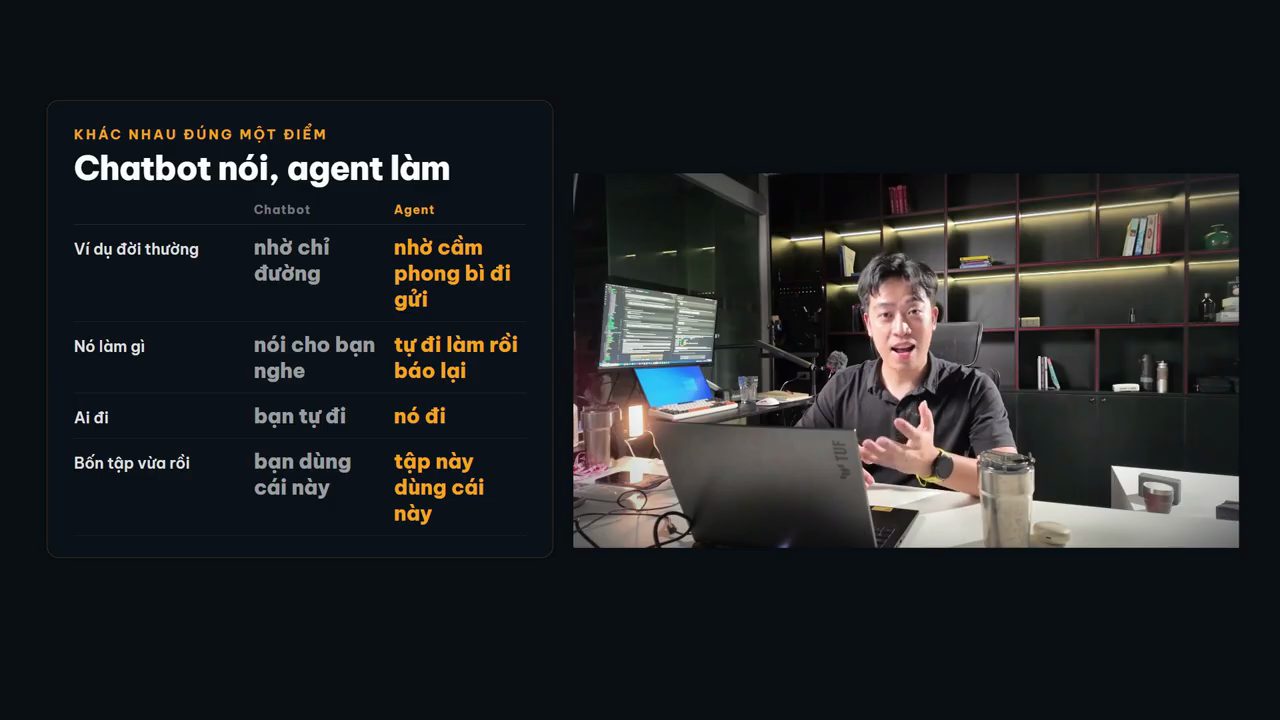 Bảng so sánh chatbot và agent bên cạnh Thanh Trần ngồi trước laptop