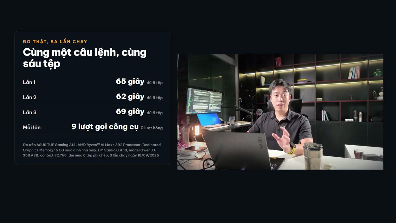 Bảng số đo ba lần chạy: 65, 62 và 69 giây, mỗi lần 9 lượt gọi công cụ