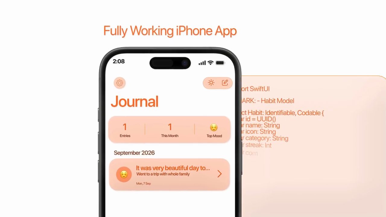 Màn hình iPhone với app Journal màu cam và một đoạn code Swift mờ phía sau