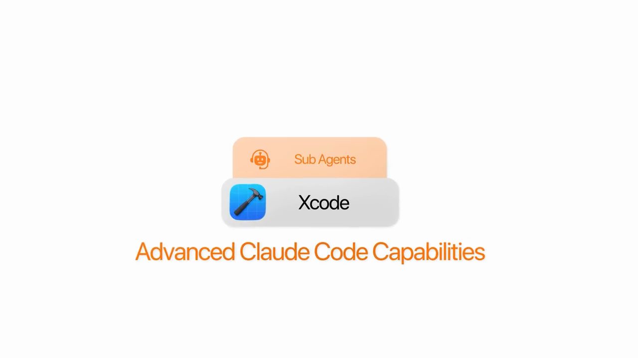 Hình minh họa Sub Agents xếp trên biểu tượng Xcode, chữ Advanced Claude Code Capabilities