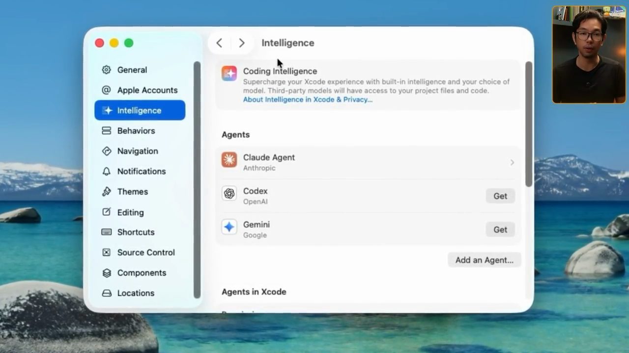 Mục Intelligence trong settings của Xcode với danh sách Agents: Claude Agent, Codex, Gemini