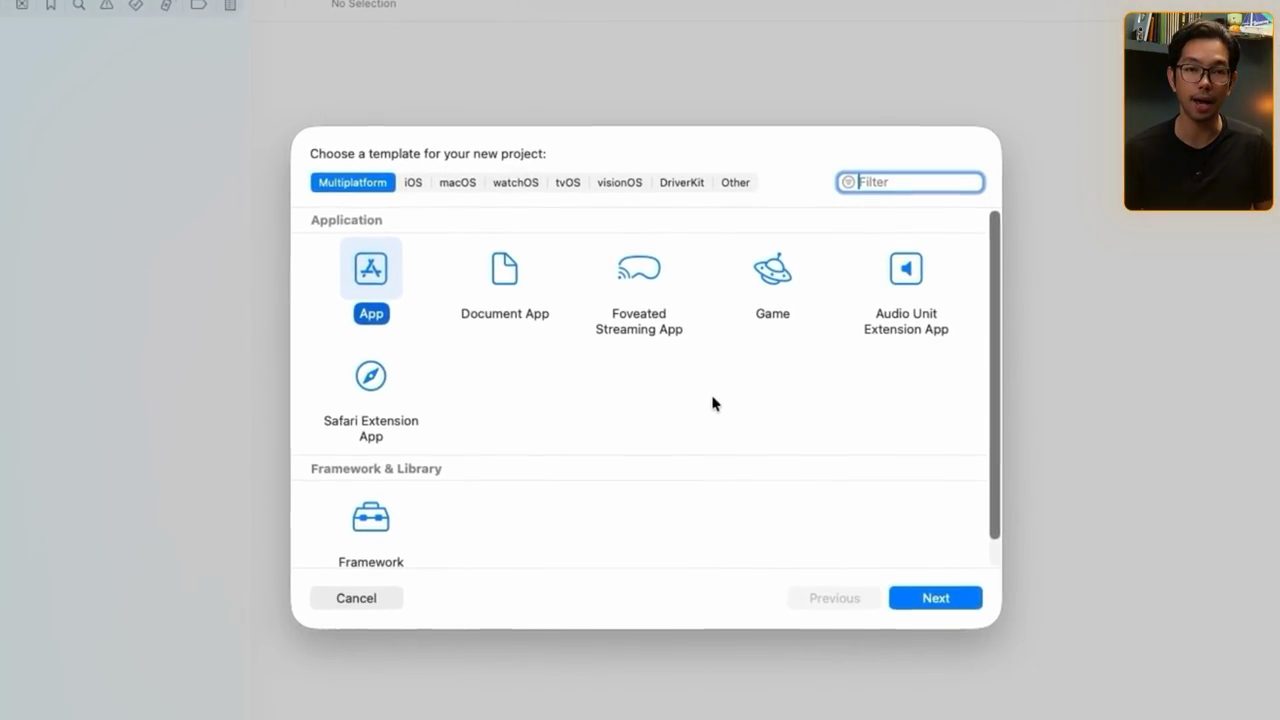 Hộp thoại Choose a template for your new project của Xcode với template App được chọn