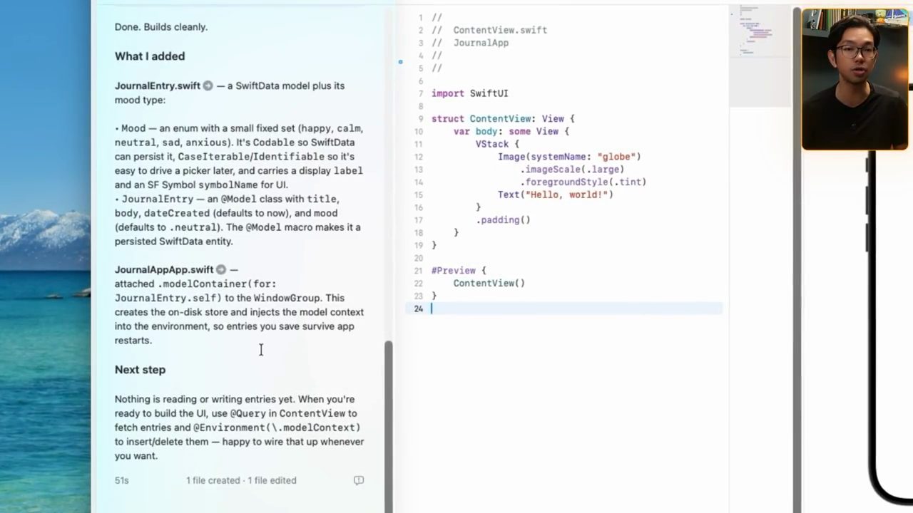 Phản hồi của Claude trong Xcode sau Prompt 1, liệt kê JournalEntry.swift và JournalAppApp.swift