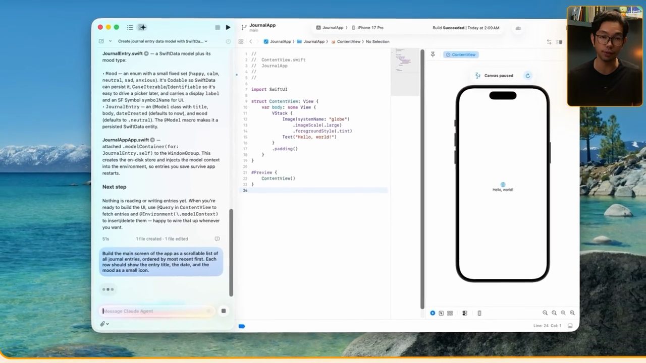 Xcode với panel Claude bên trái, prompt thứ hai vừa gửi, code ContentView ở giữa và preview iPhone bên phải